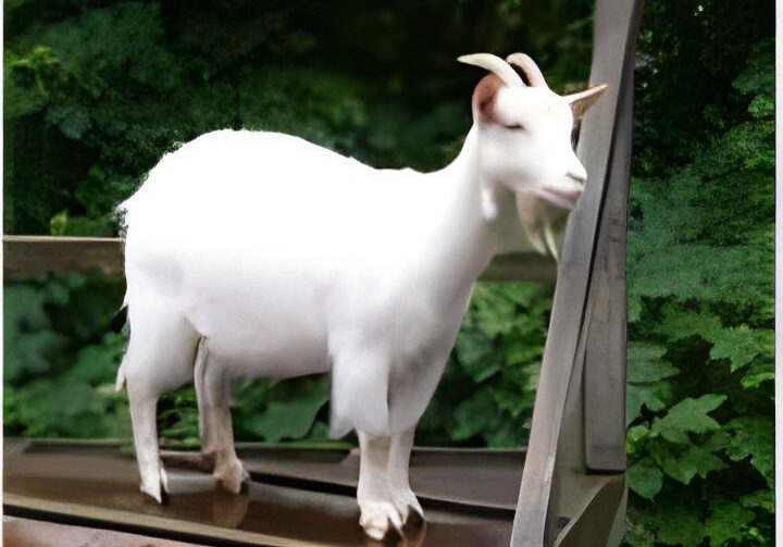 Goat on a bench in green surroundings